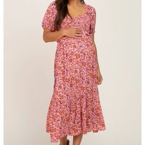 Pink Blush Pink Floral Smocked Midi Dress